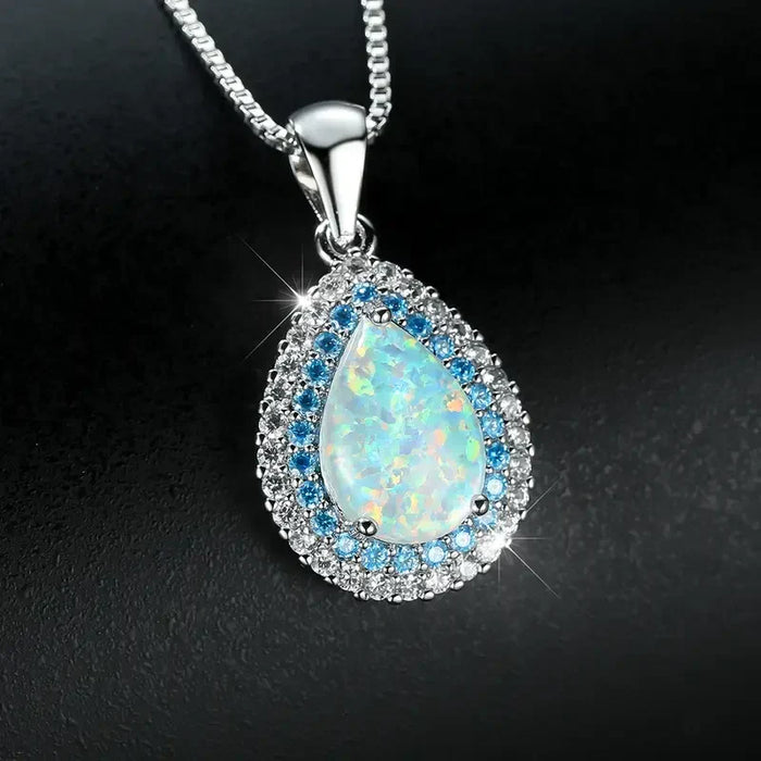 Elegant Blue Opal Drop Sparkling Necklace | White Gold